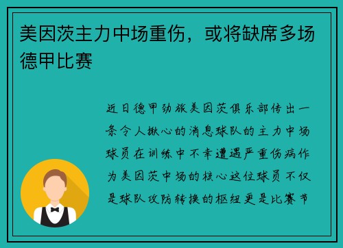 美因茨主力中场重伤，或将缺席多场德甲比赛