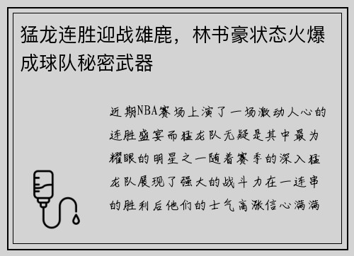 猛龙连胜迎战雄鹿，林书豪状态火爆成球队秘密武器